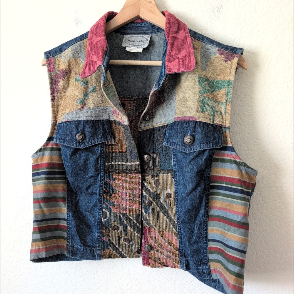 Stonebridge Vintage Denim Patchwork Tapestry Vest Womens Large Grannycore USA